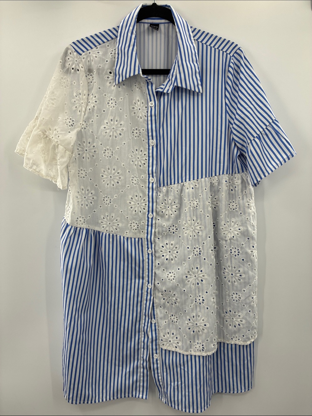 SHEIN Blue & White Striped Eyelet Patchwork Button-Down Shirt Dress size Large
